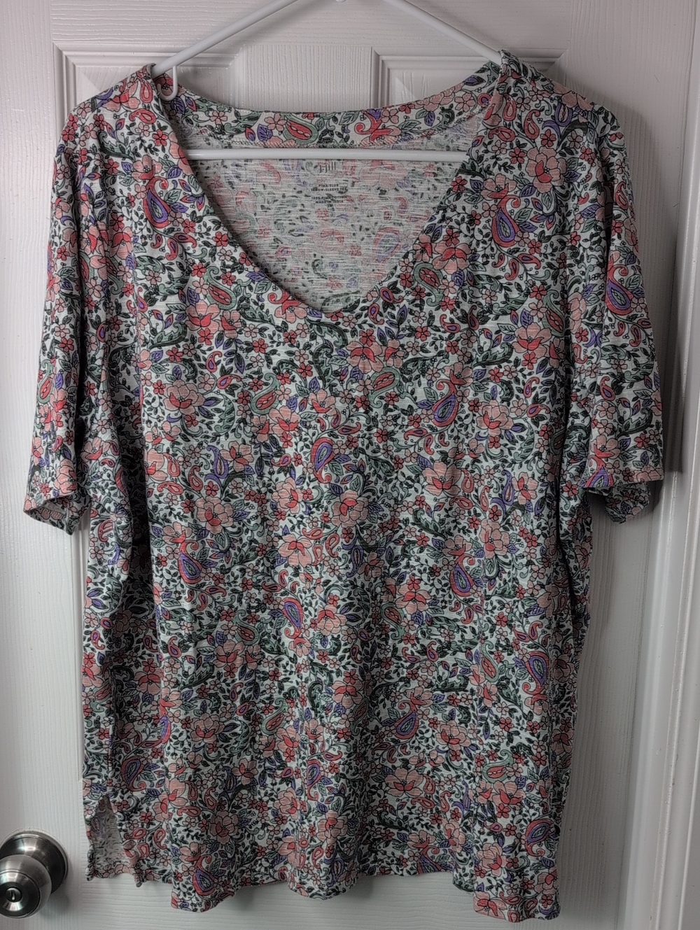 J. Jill 100% Pima Cotton Slub Elbow-Sleeve Floral Paisley V-Neck Top Size 2X